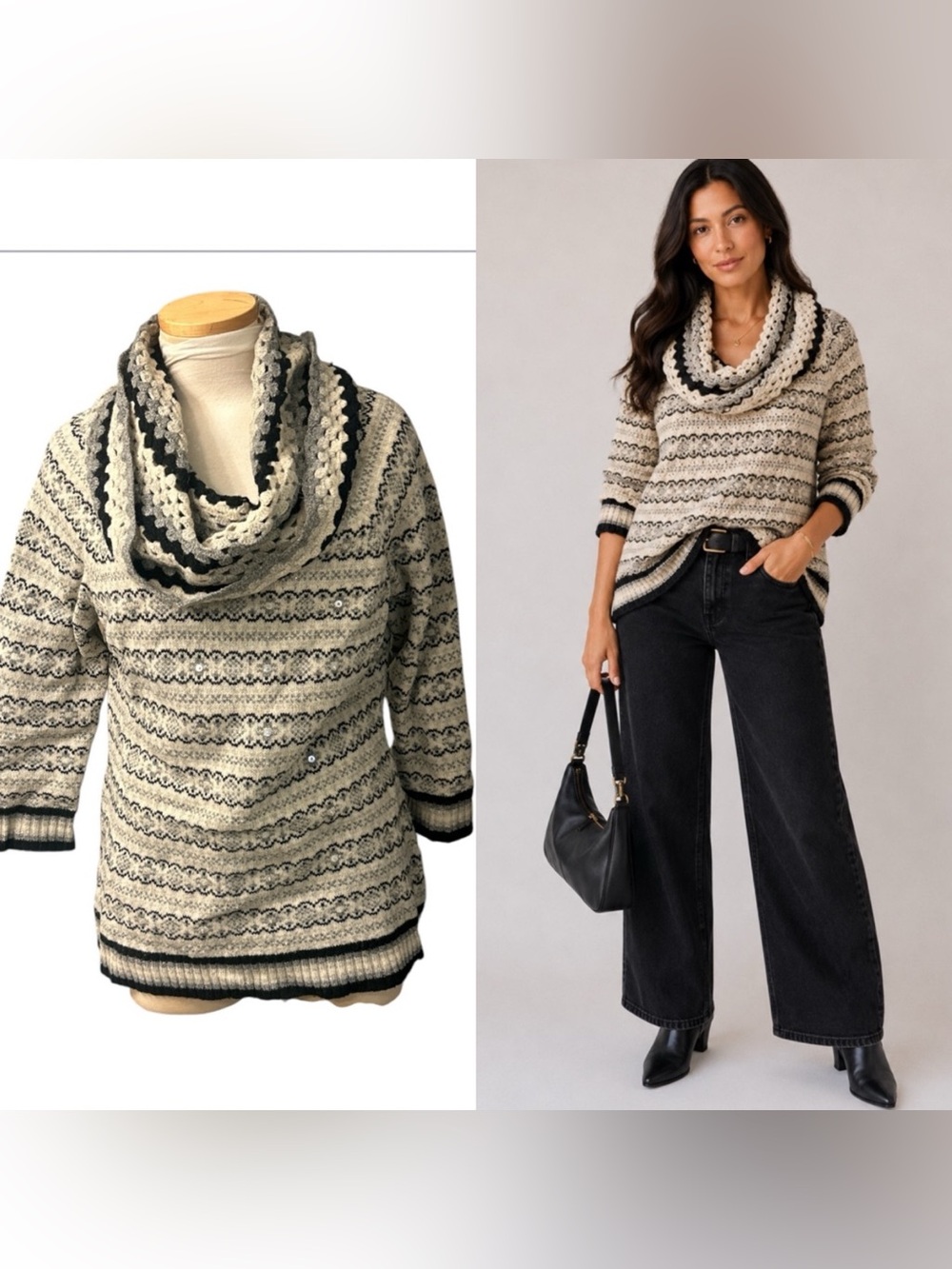 Nine West Vintage  Cream & Black Striped Crochet Cowl Neck Sweater Size Large